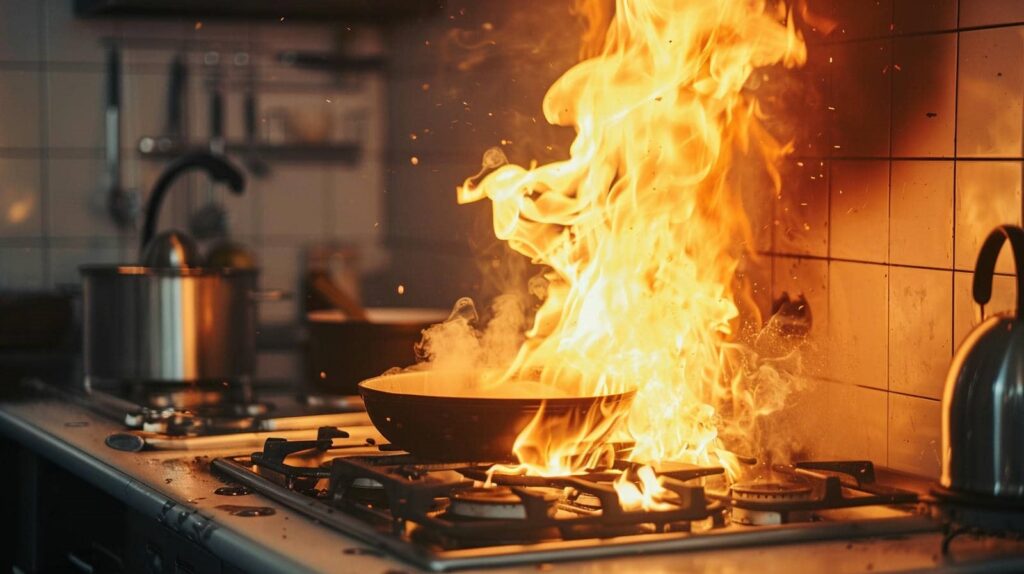 Large flames erupting from a frying pan on a gas stove in a kitchen.