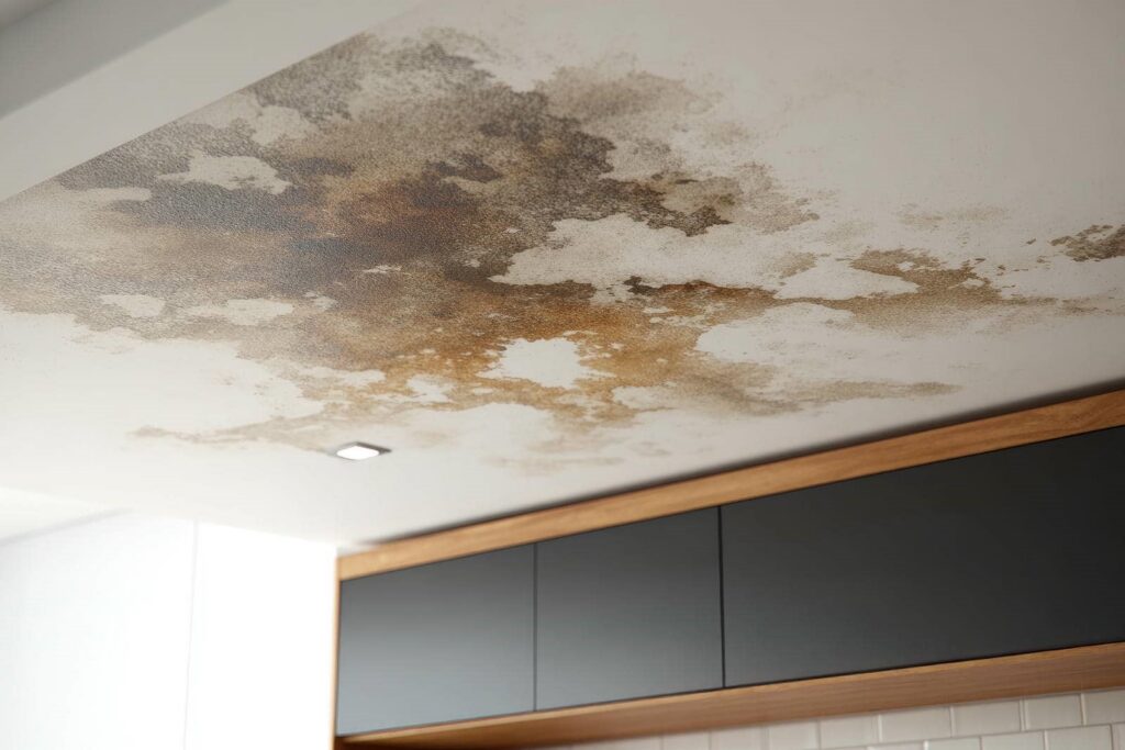 Ceiling with extensive brown and black water damage stains above kitchen cabinets.