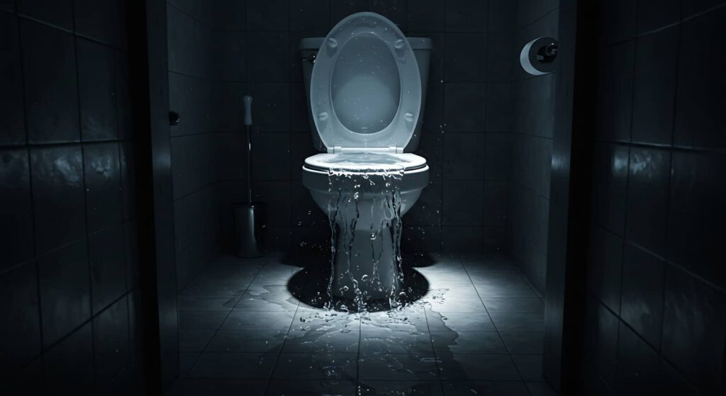 Overflowing toilet flooding a dark tiled bathroom.