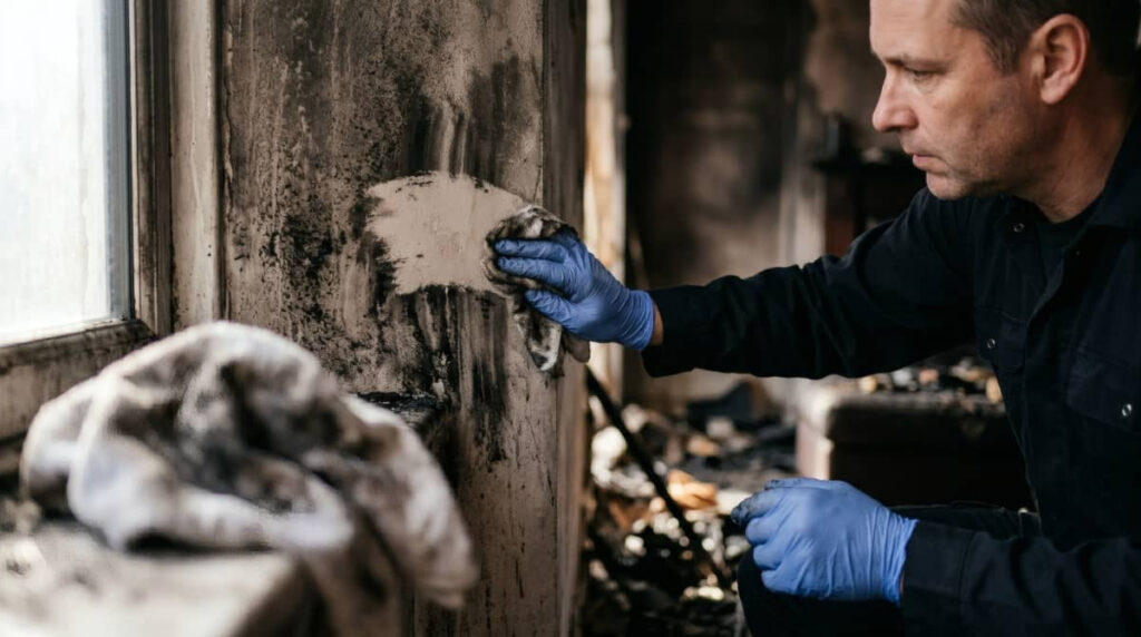 Man cleaning soot from a fire-damaged wall.