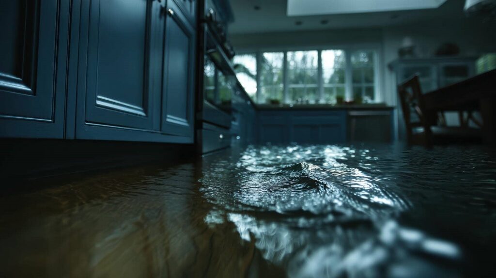 Flooded kitchen with water covering the floor and reflecting light from windows.