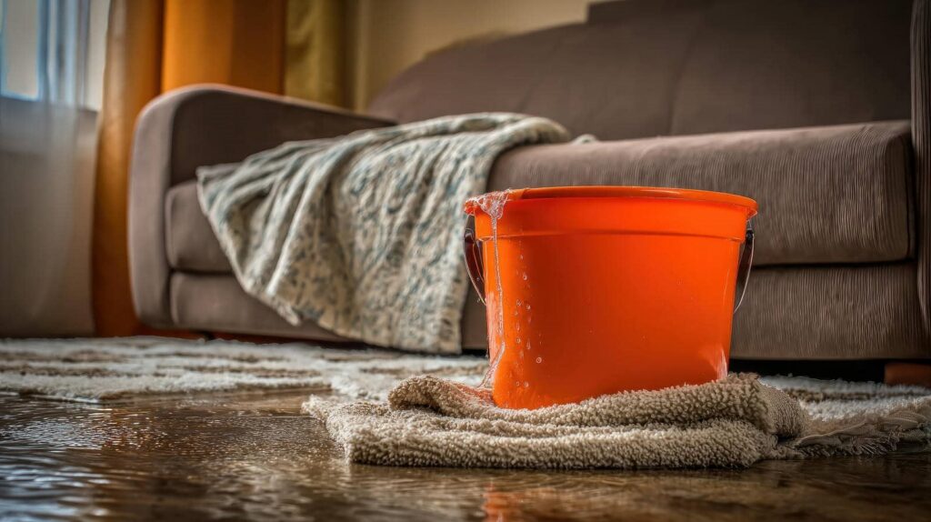 Orange bucket catching water leaking onto a wet carpet in front of a sofa with a blanket.