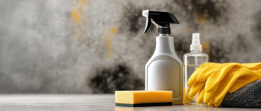 Cleaning spray bottle, sponge, yellow rubber gloves, and a clear spray bottle on a surface.