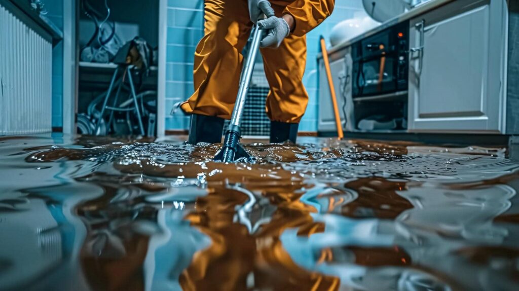 Person in orange waterproof suit cleaning floodwater inside a kitchen with a mop.
