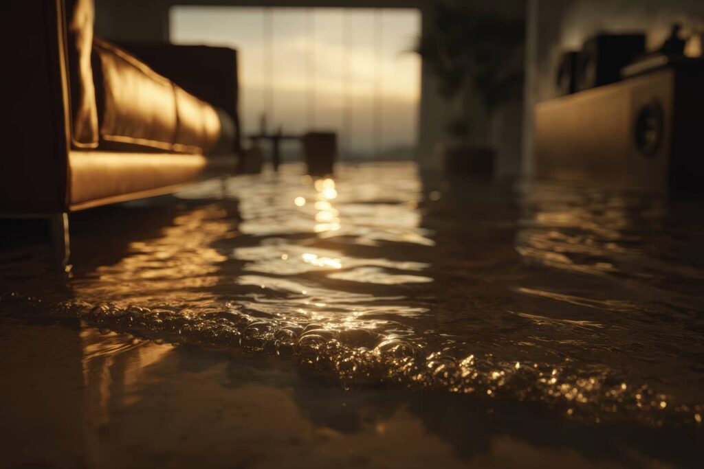 Floodwater inside a living room at sunset.