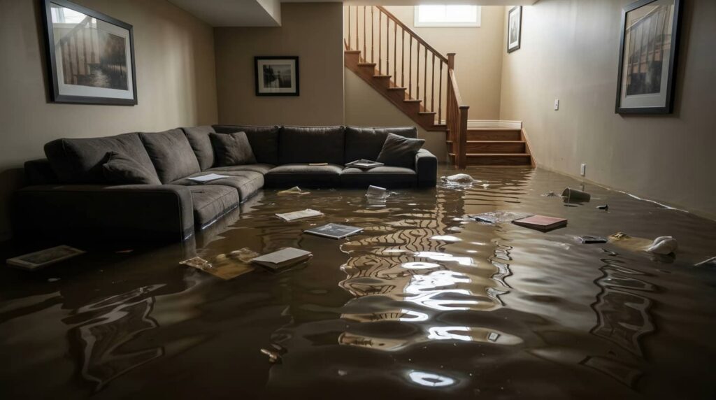 Flooded living room with a sectional sofa and floating books.