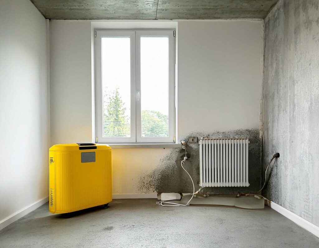 Yellow suitcase next to a white radiator with mold on the wall beneath a window in an empty room.