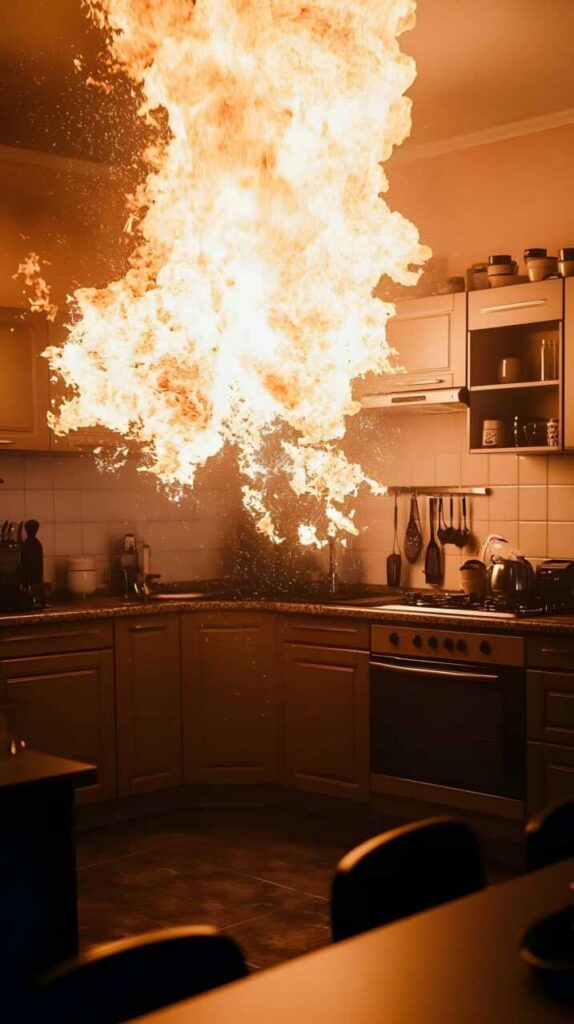 Kitchen fire erupting from the stovetop.