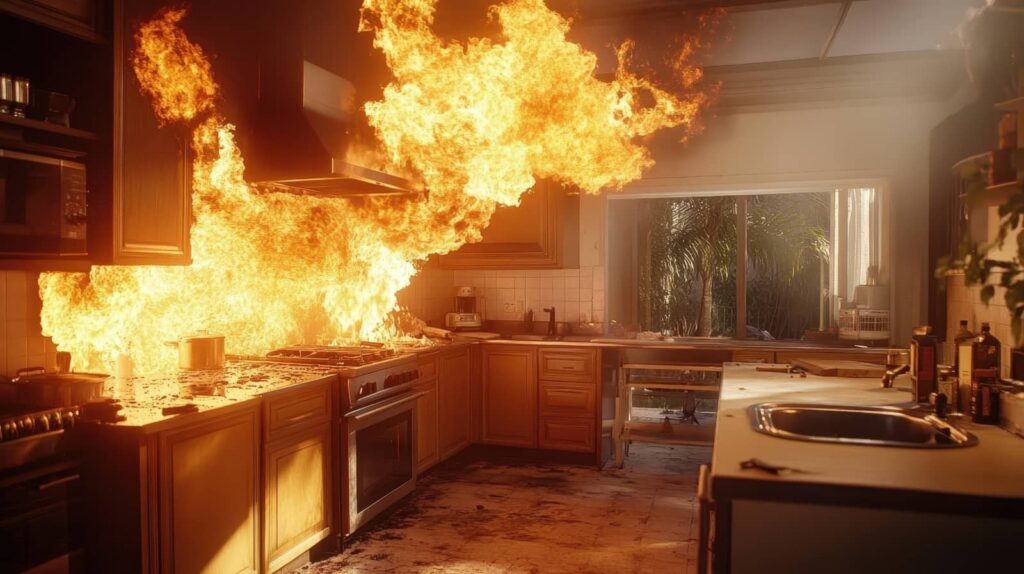 Kitchen engulfed in flames.