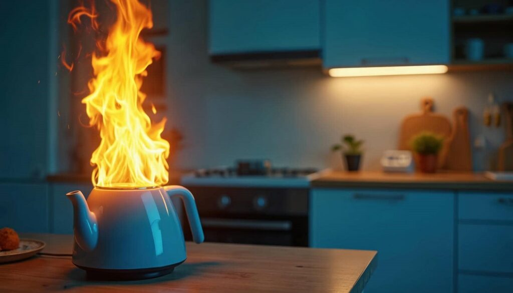 Electric kettle on fire with large flames rising in a kitchen setting.