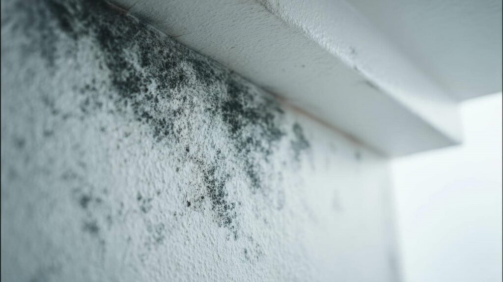 Black mold growing on a white textured wall near the ceiling.