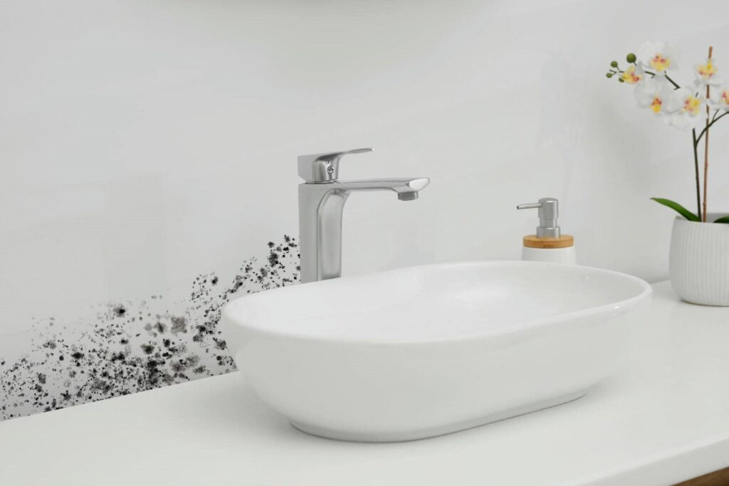 White bathroom sink with chrome faucet, soap dispenser, and mold growing on the wall behind it.