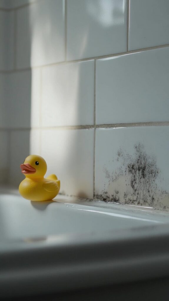Yellow rubber duck on a bathtub edge next to moldy white tiles.