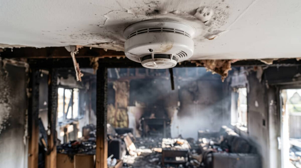 Burned-out room with a smoke detector on a fire-damaged ceiling.