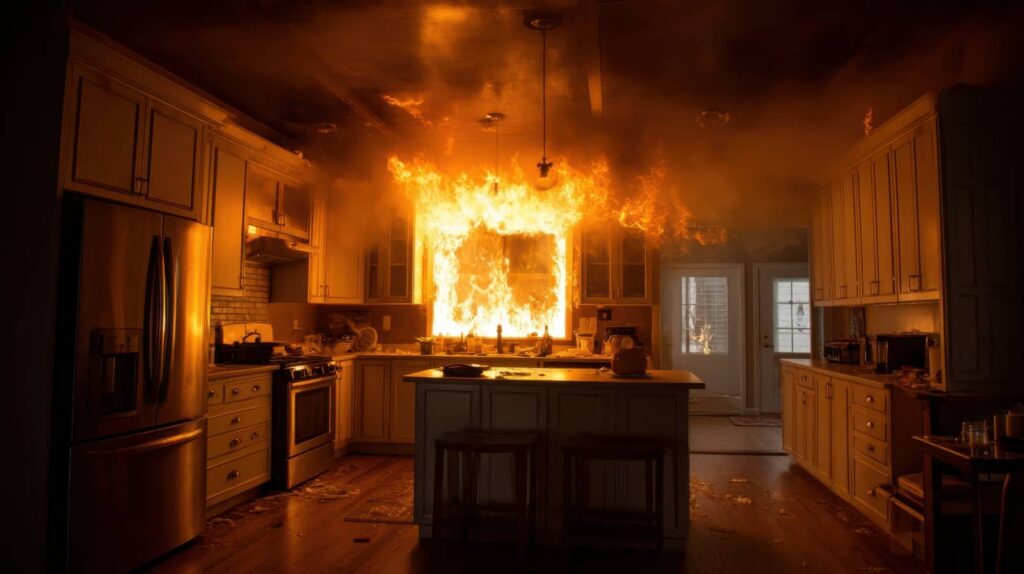 Kitchen engulfed in flames.