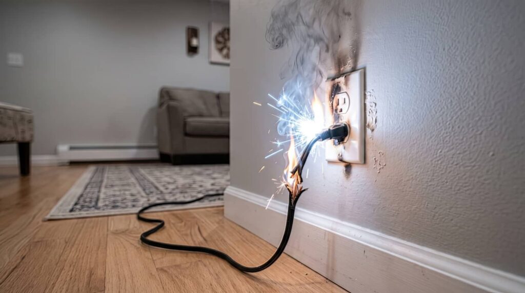 Electrical outlet sparking and smoking with a burning cord in a living room.