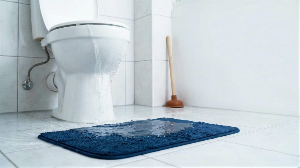 Water leaking from a toilet onto a blue bathroom rug with a plunger in the background.
