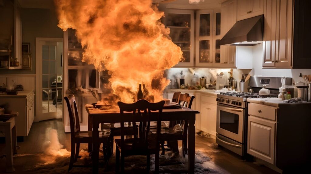 Kitchen table engulfed in flames and smoke.