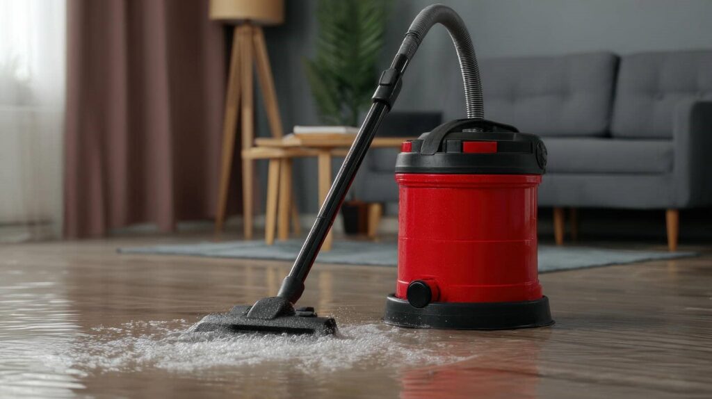Red wet vacuum cleaner suctioning water from a flooded wooden floor in a living room.