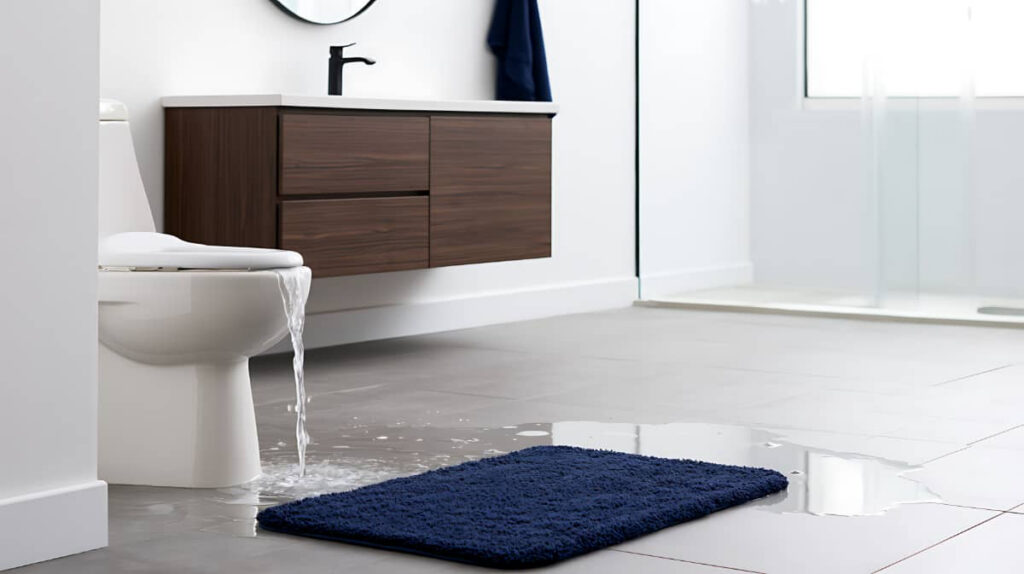 Toilet overflowing onto bathroom floor with blue rug.