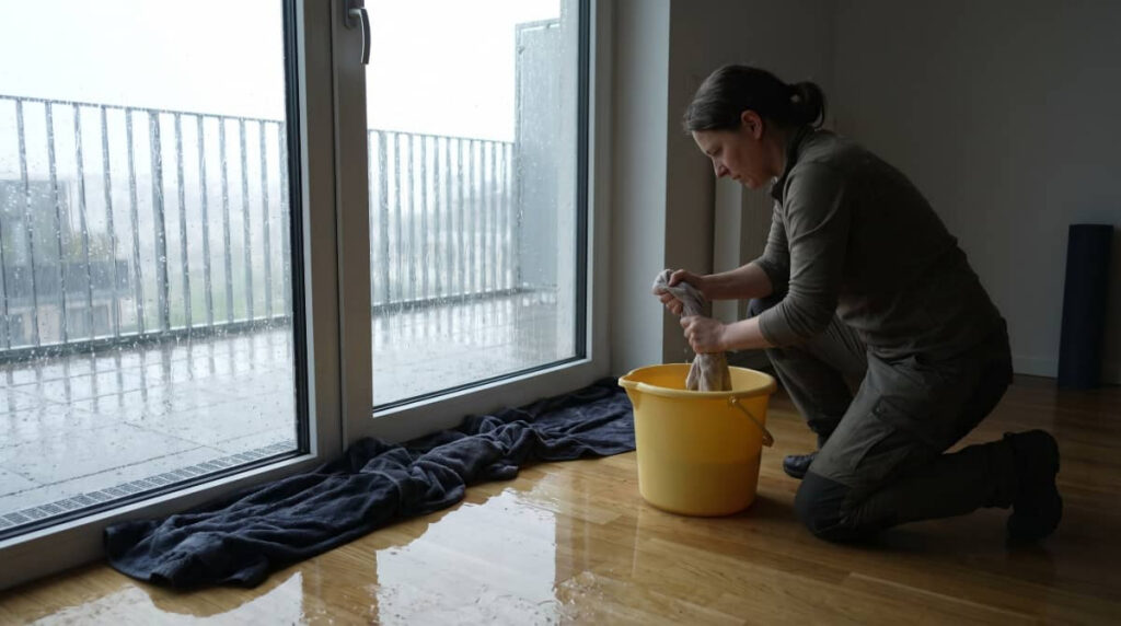 Woman mopping up floodwater by a window.