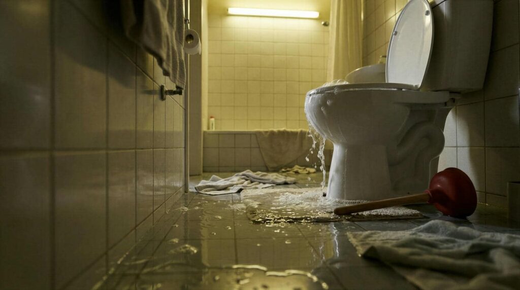 Overflowing toilet with water flooding the bathroom floor and a plunger nearby.