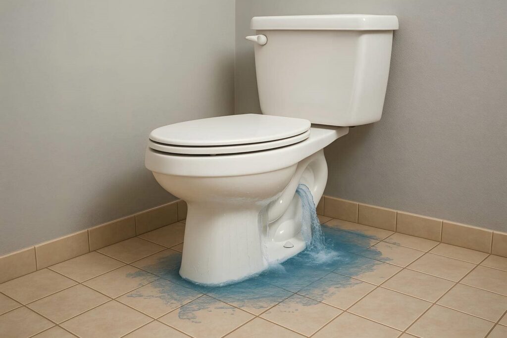 Toilet leaking water onto tiled bathroom floor.