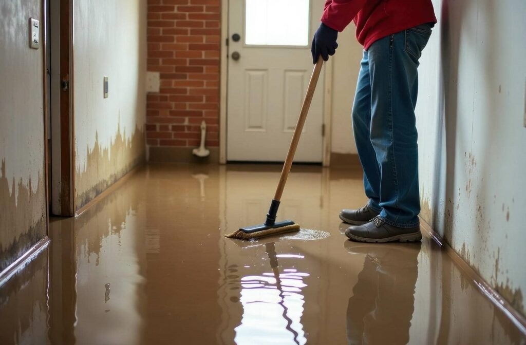 Person mopping a flooded hallway with water damage on the walls.
