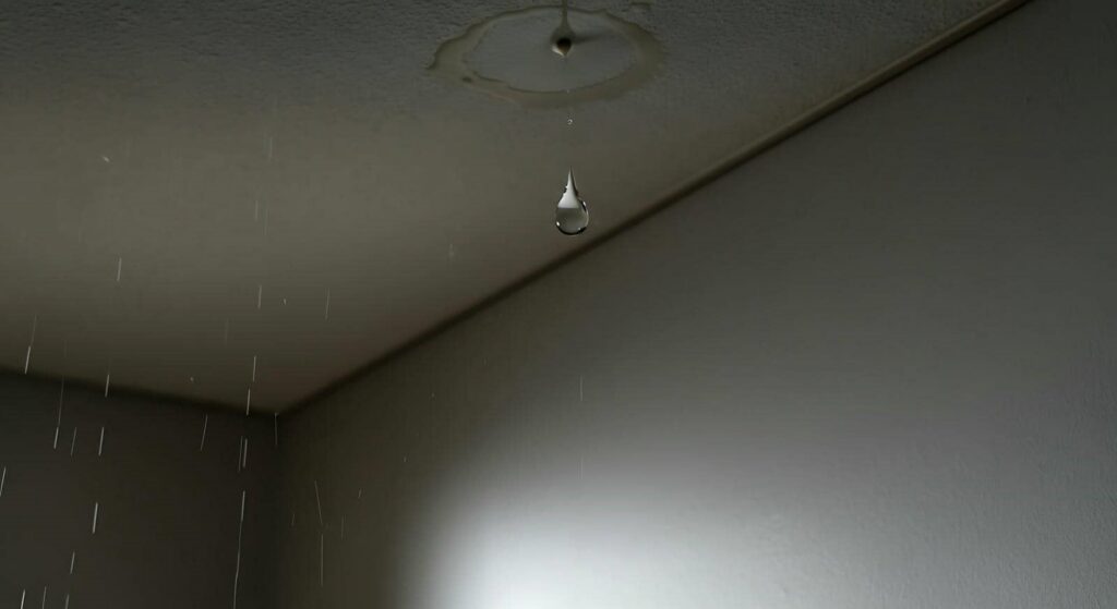 A water droplet falling from a ceiling leak with a water stain around the hole.
