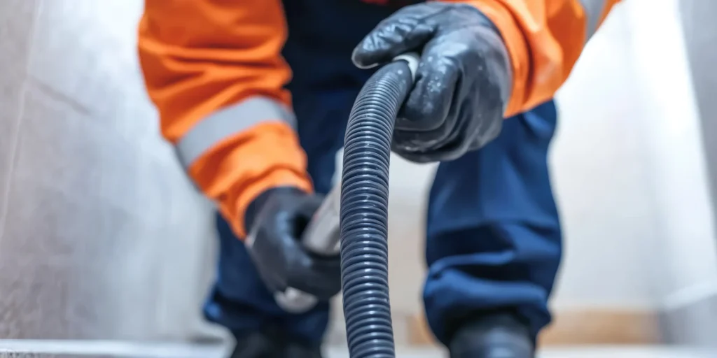 Worker in orange jacket and gloves holding a flexible black hose, viewed from the hose's end.