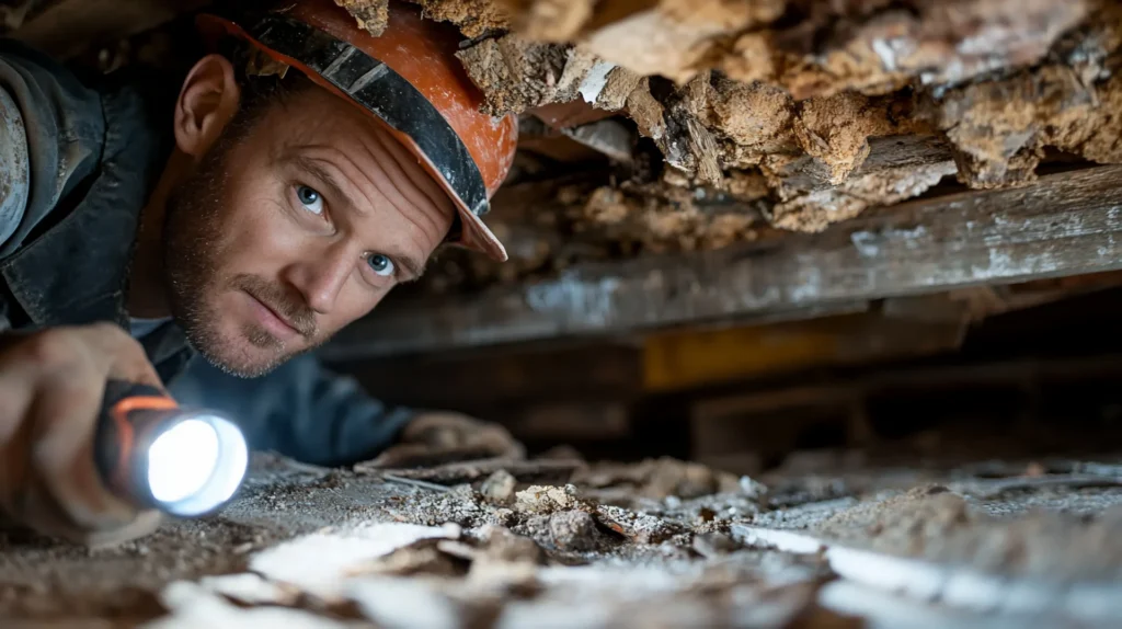 Man in hard hat inspecting crawl space with flashlight.
