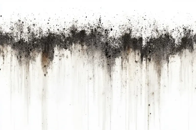Black and gray paint splatters and drips spread horizontally across a white background.