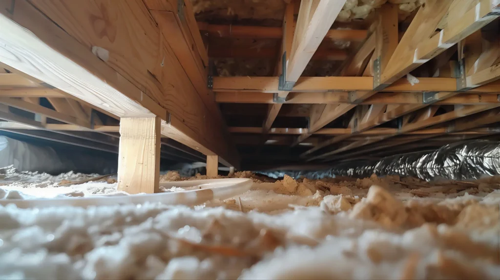 Crawl space under a house with wooden beams, insulation, and a flexible duct.