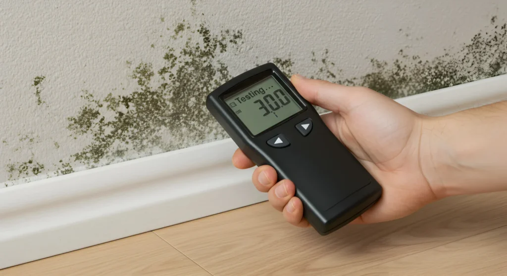 Hand holding a moisture meter testing mold growth on a wall near the floor.