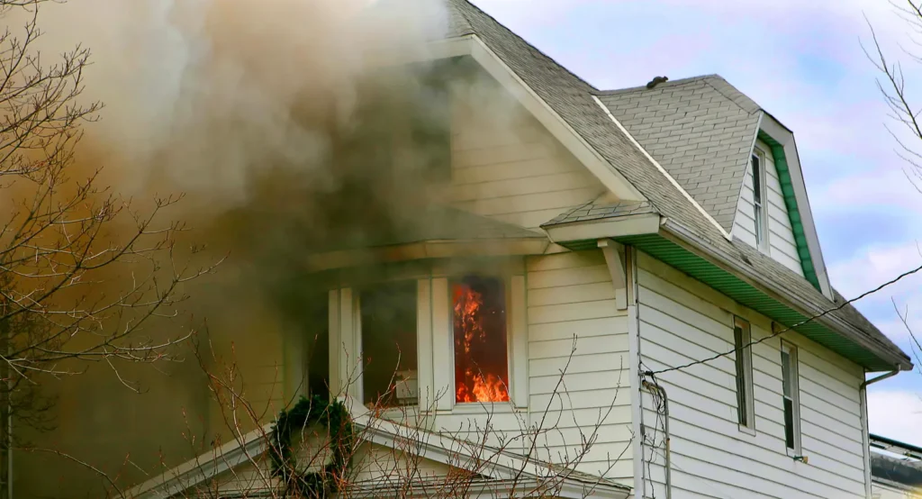 Fire and thick smoke billow from the second-story window of a white house.