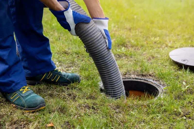 Worker wearing gloves inserts a flexible hose into a ground drain or septic tank opening.