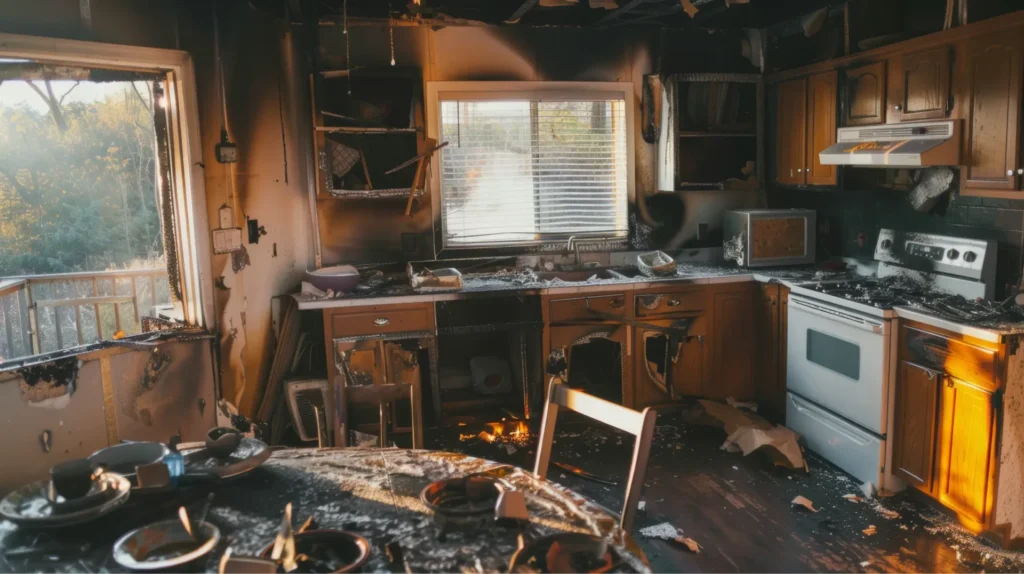 Kitchen interior damaged by fire with charred cabinets, appliances, and a small fire still burning under the sink.
