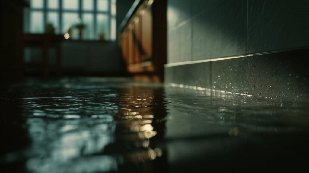 Water flooding a dark kitchen floor with cabinets and a window in the background.