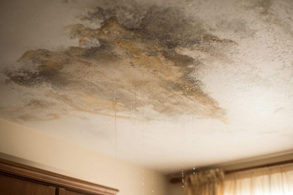 Ceiling with extensive water damage, mold, and water dripping down.