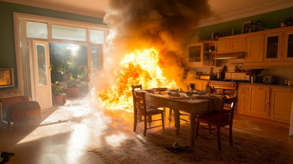 Kitchen engulfed in flames and thick smoke.
