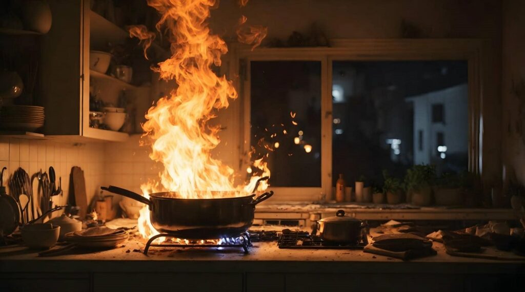 Large flames erupting from a pot on a stove in a dimly lit kitchen at night.