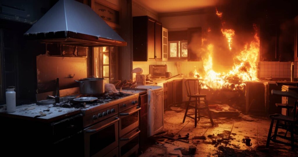 Kitchen engulfed in flames.