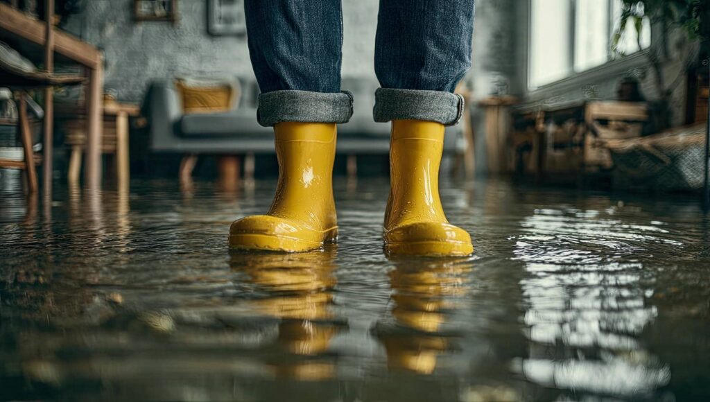 Person wearing yellow rain boots standing in a flooded indoor room with water covering the floor.
