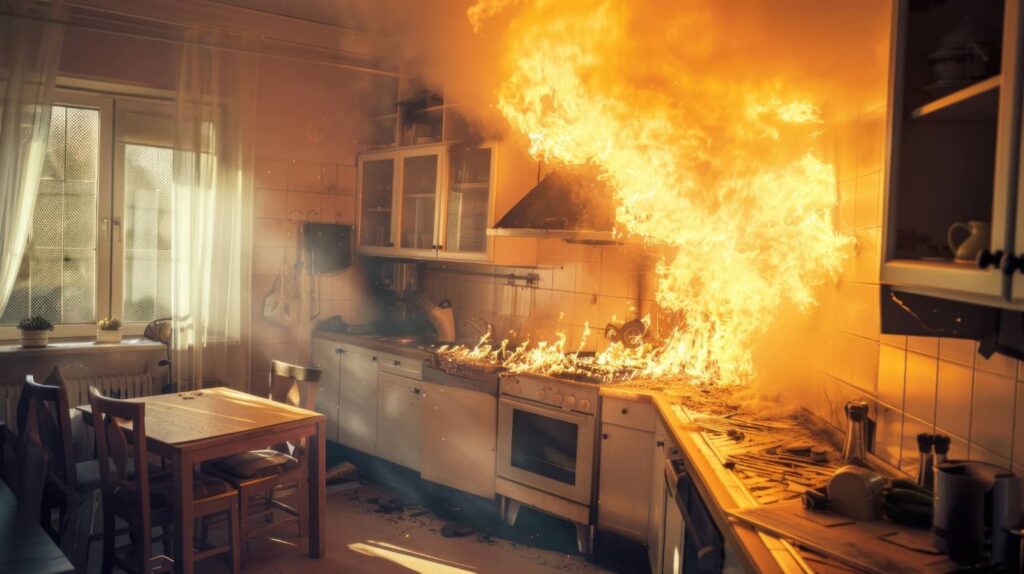 Kitchen engulfed in flames from a stove fire.
