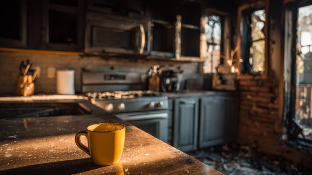 Yellow mug on a sunlit kitchen counter in a dark, damaged kitchen.
