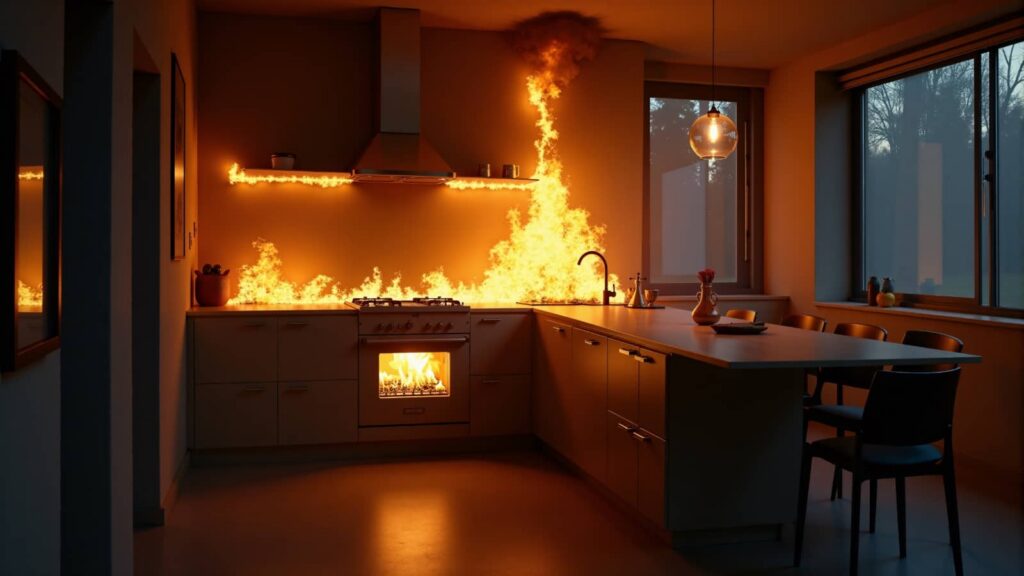 Kitchen engulfed in flames.