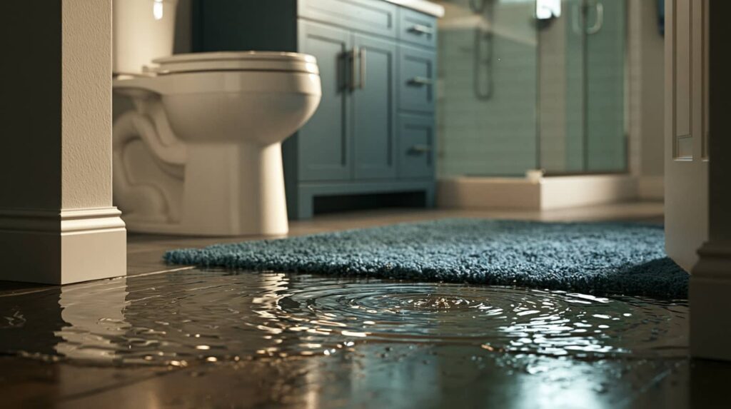 Bathroom floor flooded with standing water near a toilet and shower.