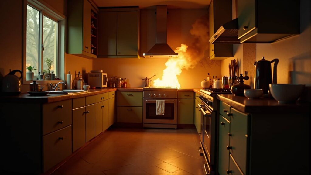 Kitchen stove fire with flames and smoke.