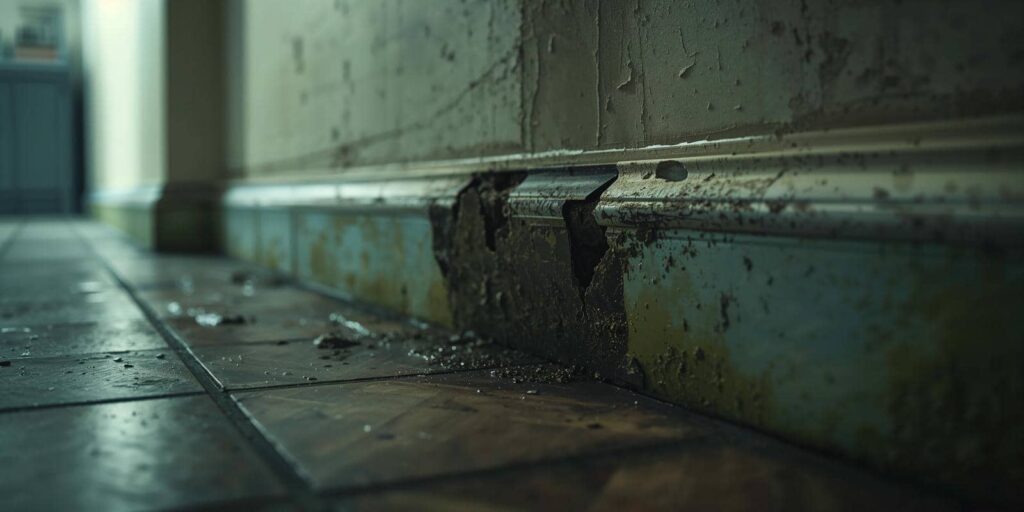 Close-up of a damaged and dirty baseboard with peeling paint along a tiled floor.