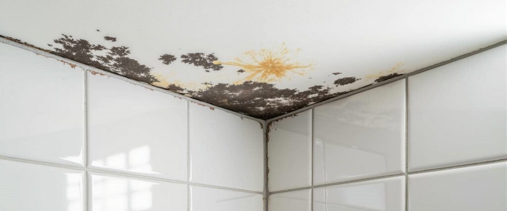 Black and yellow mold growing on a white ceiling corner above tiled walls.